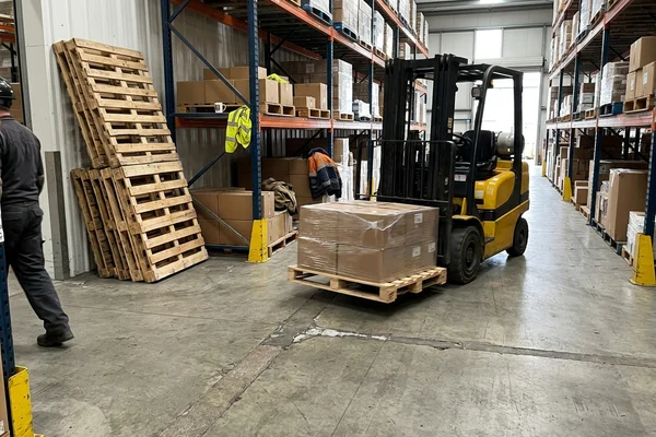 Forklift moving pallets across a finished industrial floor with repaired joints