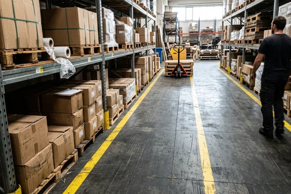 Industrial warehouse floor coating with safety yellow aisle markings
