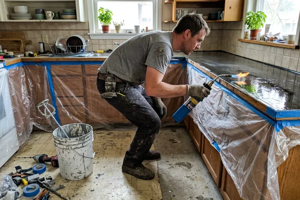 Installer torching bubbles out of a freshly poured epoxy countertop