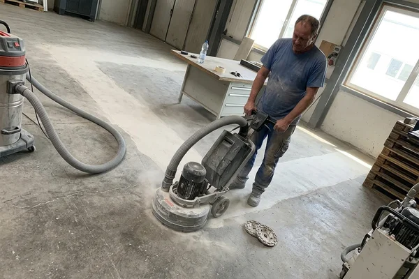 Planetary diamond grinder with dust extraction working across a bare slab