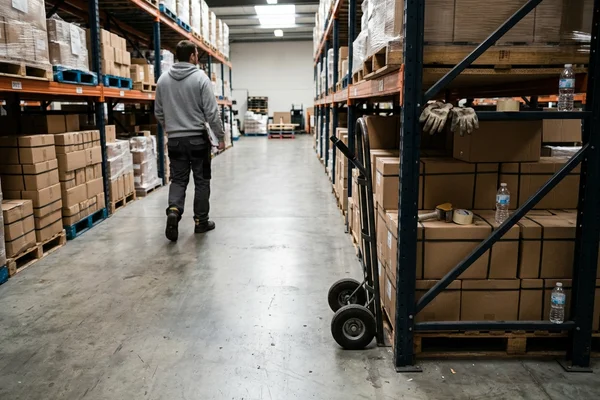 Polished concrete warehouse aisle with racking and bright light reflectance