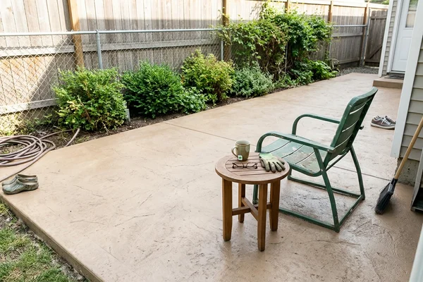 The same patio resurfaced with a decorative overlay and warm stain