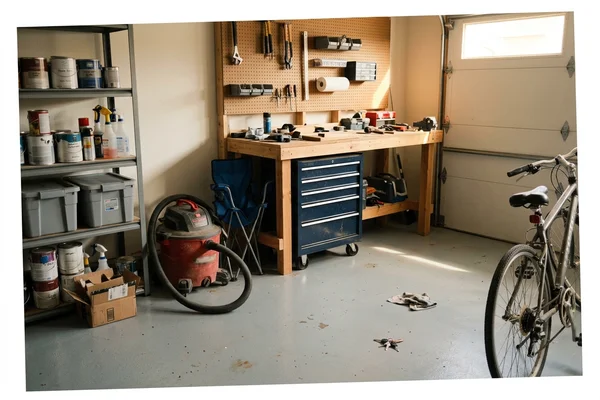 Solid-color light gray epoxy garage floor with a workbench along the back wall
