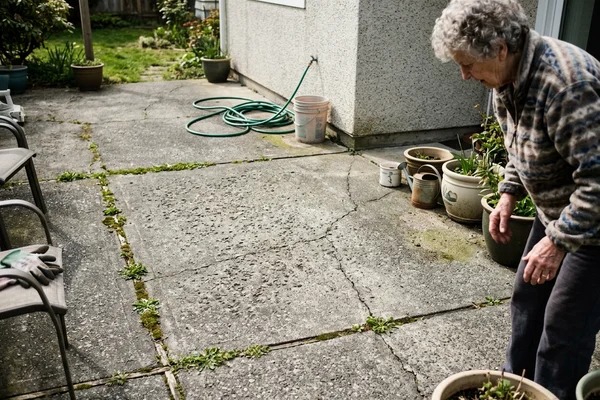 Weathered, spalled concrete patio with cracking and moss in the joints