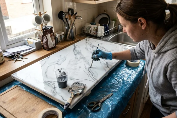 White faux-marble epoxy kitchen counter with hand-worked gray veining