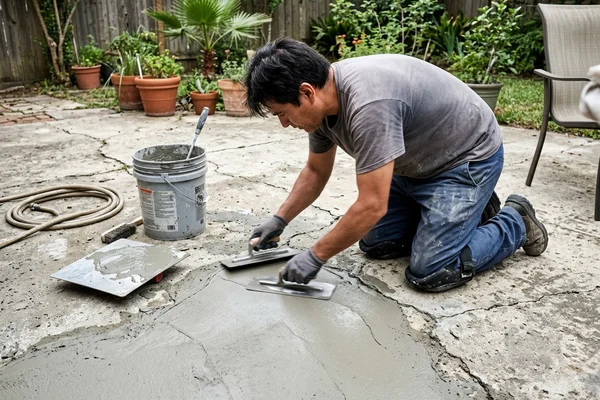Worker trowelling a microtopping overlay across a cracked concrete patio