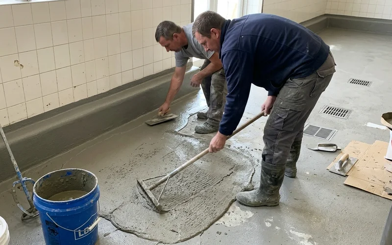 Crew screeding cementitious urethane across a food production floor with drains and cove base detailing