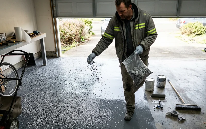 Installer broadcasting decorative flake into a wet epoxy basecoat across a Eugene garage slab