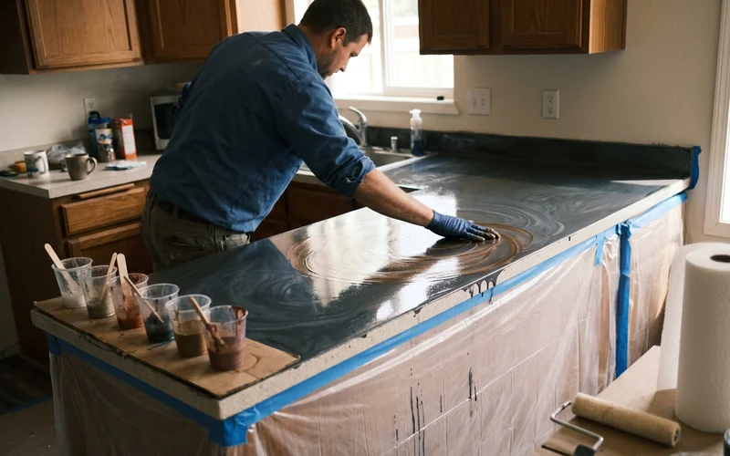Installer working metallic pigment by hand into a freshly poured epoxy countertop before it sets
