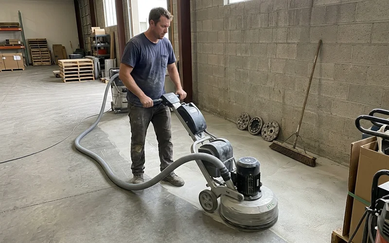Planetary diamond grinder refining a concrete slab with dustless HEPA vacuum extraction attached