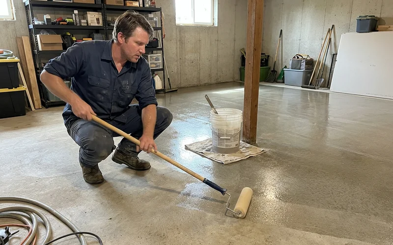 Roller applying a clear topical sealer across a freshly ground concrete floor