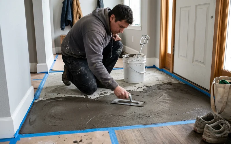 Trowelling a decorative microtopping overlay across a prepared concrete surface