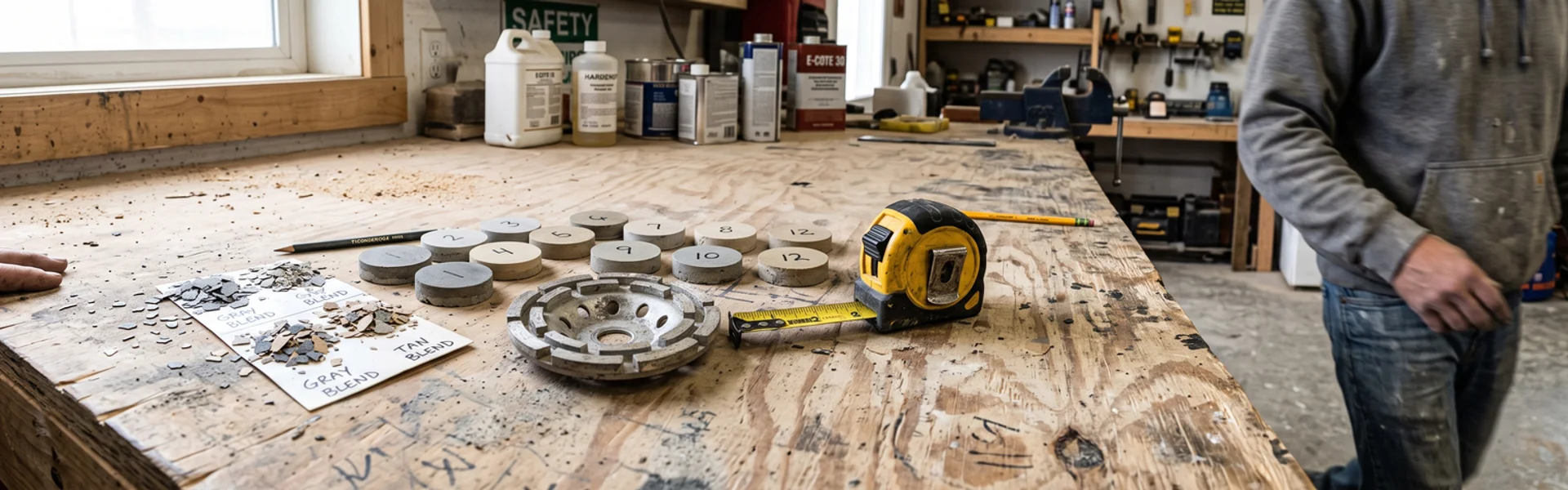 Concrete coating samples, flake blends and diamond tooling laid out on a workbench