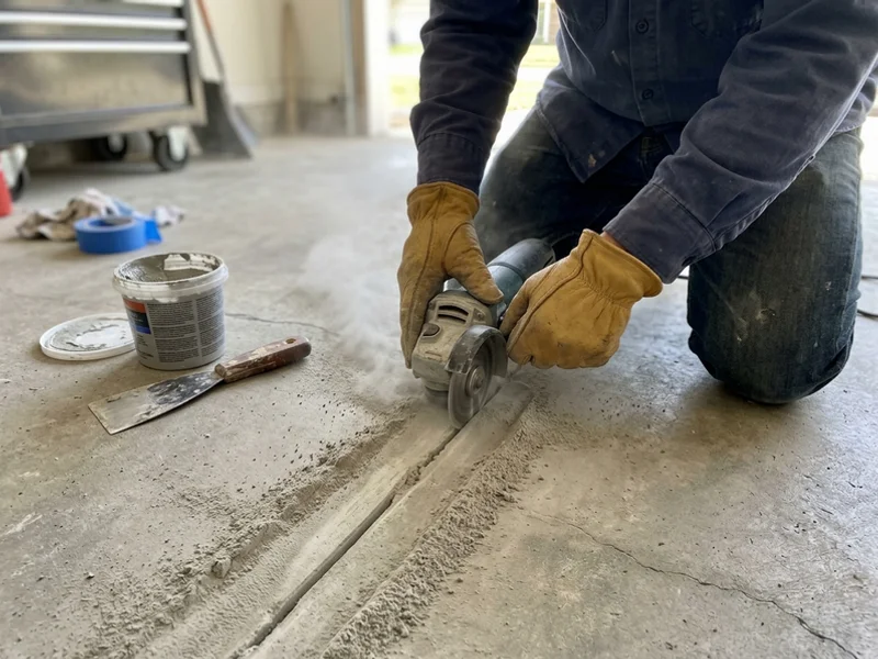 Hands in work gloves routing out a crack in a concrete slab before filling it