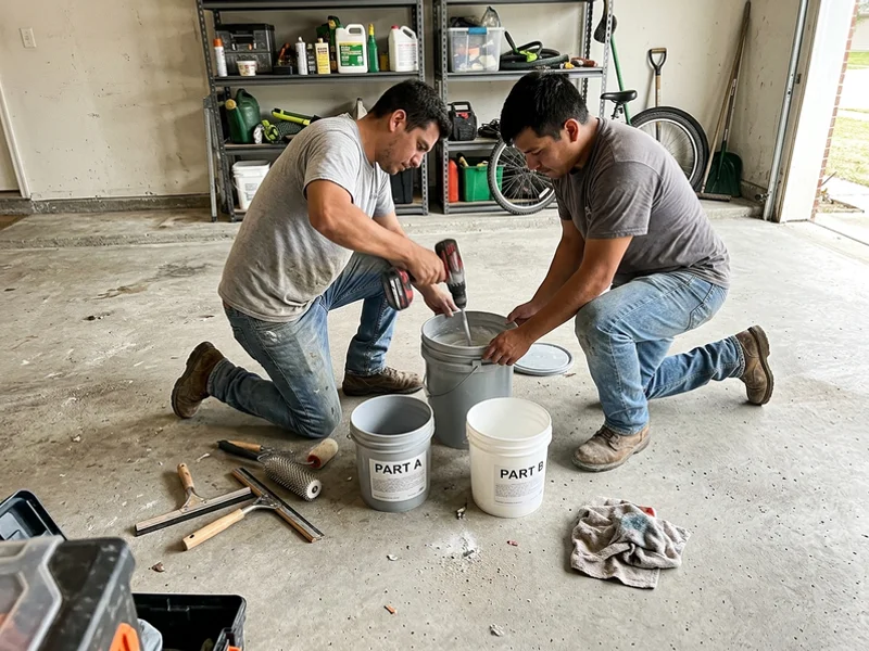 Two installers mixing epoxy resin on a prepped garage slab