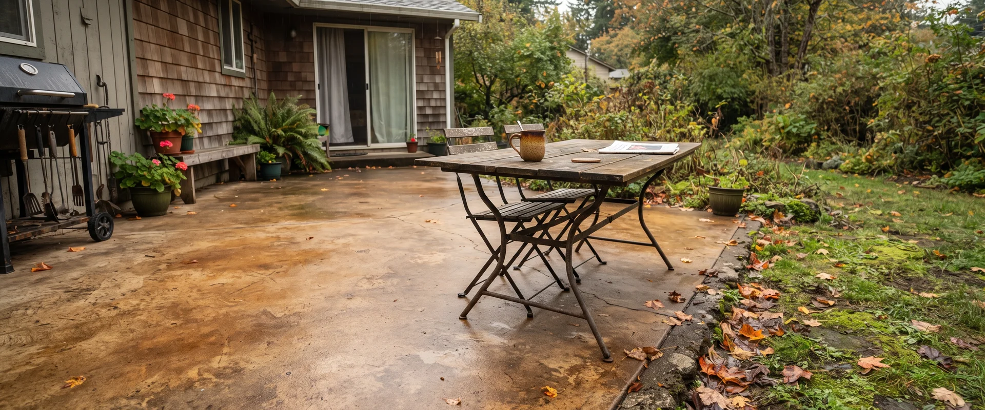 Acid-stained concrete patio in warm brown tones outside a Eugene home