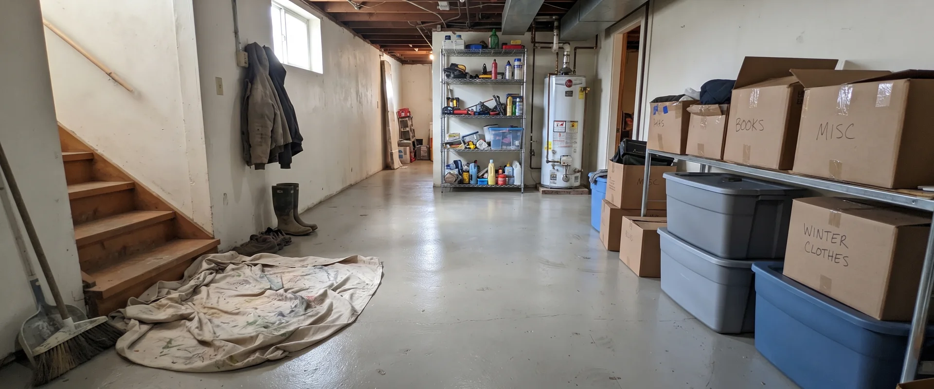 Ground and sealed concrete basement floor with an even satin sheen