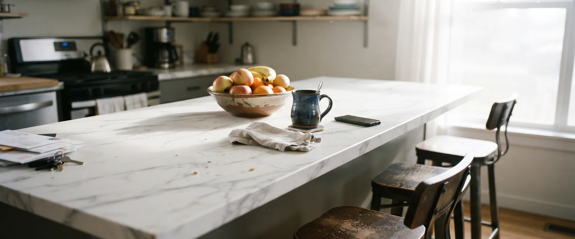 Faux-marble epoxy countertop on a kitchen island with morning light across the surface
