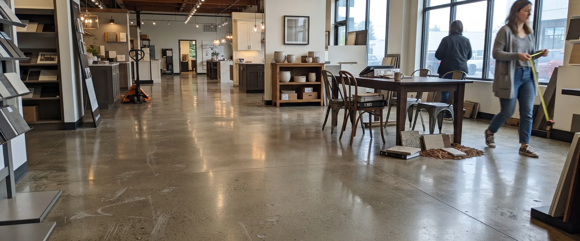 High-gloss polished concrete floor in an open showroom reflecting the ceiling lights
