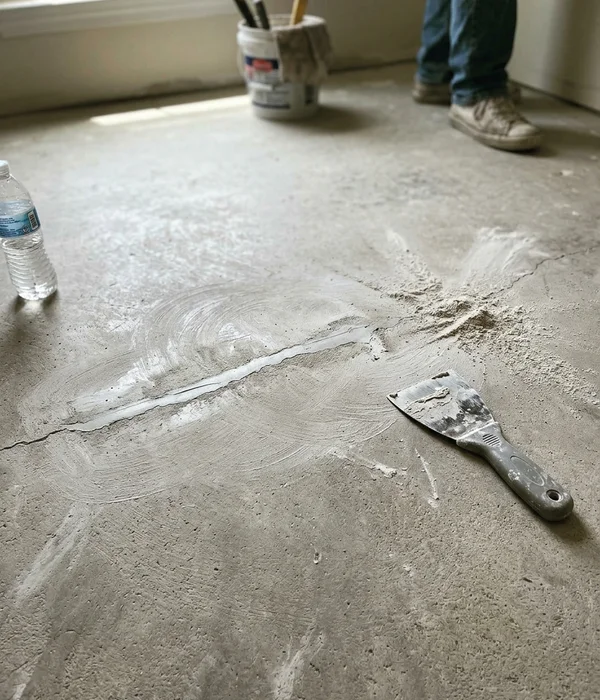 Repaired and ground concrete crack ready for coating