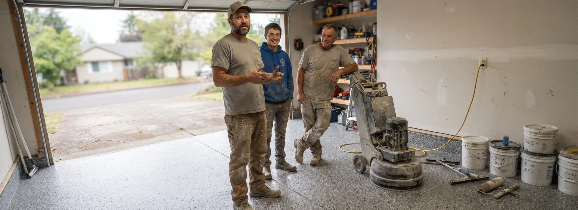 Eugene Epoxy Floors crew standing on a freshly finished garage floor