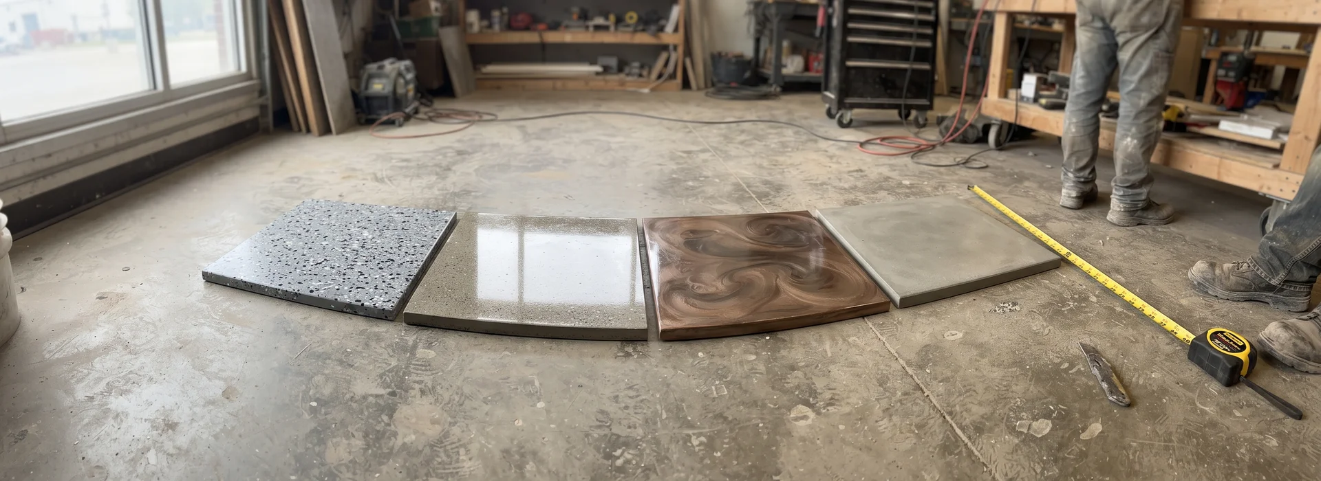Four concrete floor finishes side by side: flake epoxy, polished concrete, metallic and sealed