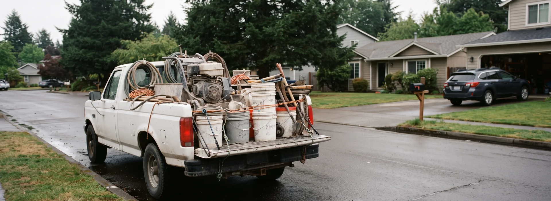 Work truck loaded with grinding equipment parked on an Oregon street before a floor installation